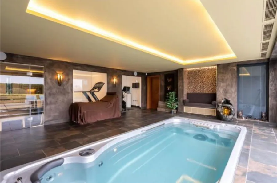 Indoor swim spa in a pool room