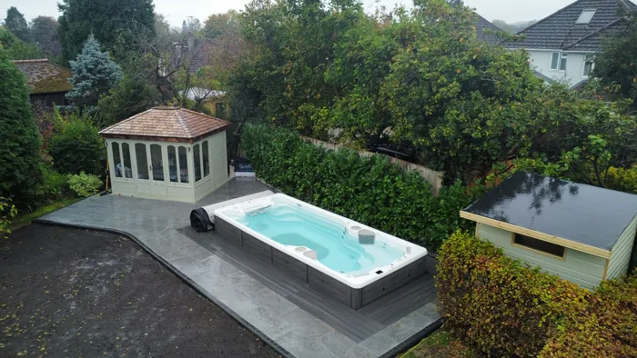 Swim spa set into decking, seen from above